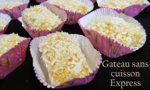 Plusieurs petits gâteaux sans cuisson, recouverts de noix de coco râpée, présentés dans des caissettes roses décorées.