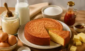 Un délicieux gâteau de semoule, doré et moelleux, entouré de ses ingrédients : œufs, lait, sucre, semoule, beurre et sirop.