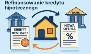 Ilustracja pokazuje przeniesienie kredytu hipotecznego. Dom symbolizuje klienta, który przenosi swój kredyt z jednego banku do drugiego, szukając lepszej oferty.