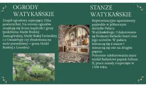 Dwa obrazy: Ogrody Watykańskie i Stanza della Segnatura z freskiem Rafaela.