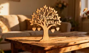 Drewniane drzewko z wyciętym napisem "thank you" i wiszącymi serduszkami. Ciepłe światło podkreśla jego urok.
