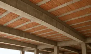 Widok z dołu na betonowe belki i pustaki ceramiczne, tworzące strop. Różne rodzaje stropów w budowie.