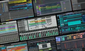 Collage of digital audio workstations, showcasing various interfaces for free studio recording software, with colorful waveforms and faders.