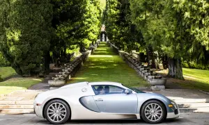 Srebrno-biały Bugatti Veyron na tle alei wysadzanej drzewami i kamiennymi schodami.