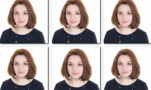 Sześć identycznych zdjęć do dowodu wymagania, przedstawiających młodą kobietę z brązowymi włosami i w granatowej bluzce.