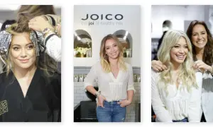 Hilary Duff przechodzi regenerację włosów u fryzjera. Włosy są zawinięte w folię, a potem widać ją z piękną fryzurą.