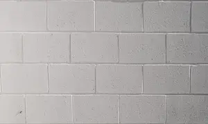 Mur de parpaings blancs, fraîchement peints au pistolet. La texture rugueuse des blocs est visible sous la couche de peinture uniforme.