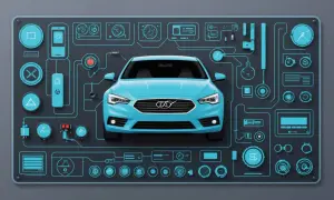 Blå bil omgiven av tekniska diagram och ikoner, som illustrerar ett Lynk & Co problem med bilens system.