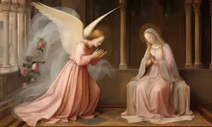 Anioł zwiastuje Maryi, której słowa "Magnificat hymn tekst" rozbrzmiewają w sercu.