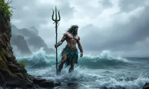 Poseidon dieu des mers, debout dans les vagues déchaînées, tenant son trident. Le ciel est menaçant, les montagnes se dressent au loin.
