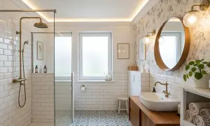 Urocza łazienka vintage z prysznicem w stylu retro, umywalką na drewnianej szafce i kwiecistą tapetą.