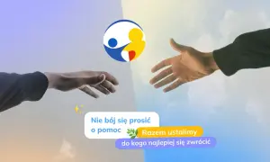 Dwie dłonie wyciągnięte ku sobie, symbolizujące pomoc. W tle logo i tekst: "Nie bój się prosić o pomoc. Razem ustalimy, do kogo najlepiej się zwrócić." Wsparcie od lekarza psychologa.