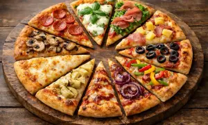 Un assortiment de parts de pizza aux garnitures variées : pepperoni, champignons, artichauts, olives, poivrons, oignons rouges, jambon, ananas. Une belle idée garniture pizza pour tous les goûts.