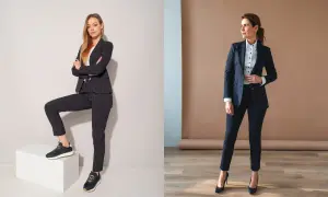 Dwie kobiety w eleganckich garniturach. Jedna w sportowych butach, druga w szpilkach. Jakie buty do garnituru damskiego zimą?