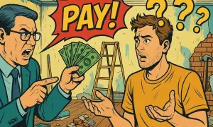Un uomo in giacca e cravatta mostra soldi a un altro uomo confuso, con un fumetto "PAGA!". Forse si discute di migliorie locazione e costi inaspettati.