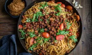 En stor panna med spaghetti blandad med krämig pesto rosso, toppad med krispiga tempebitar, pinjenötter, körsbärstomater och ruccola. Ett perfekt pesto rosso recept!