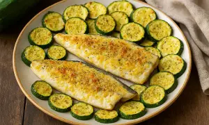 Due filetti di branzino in friggitrice ad aria, dorati e croccanti, serviti con zucchine a rondelle.