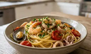 Un plat de pâtes aux fruits de mer, garni de crevettes, calamars, moules et tomates cerises, parsemé de persil frais.