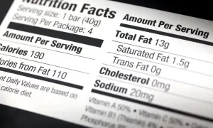 Etykieta z informacjami o wartościach odżywczych, pokazująca kaloryczność 190 kcal na porcję.