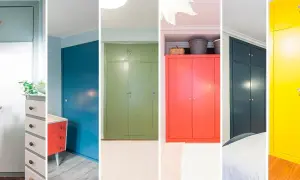 Armarios empotrados pintados en colores vibrantes: azul, verde, coral, gris oscuro y amarillo.