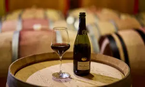Calice di vernaccia serrapetrona e bottiglia su una botte di legno, con botti in cantina sullo sfondo.