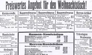 Preise von 1923: Kleider, Stoffe, Herren-Artikel. Ein Blick auf die Hyperinflation 1923.