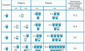 Tabela pokazuje objętościowe proporcje zaprawy murarskiej: cement, wapno i piasek. Różne proporcje dają różną wytrzymałość zaprawy.
