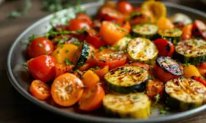 Assiette de **légumes grillés au four** : tomates cerises, courgettes et poivrons, parsemés d'herbes fraîches.