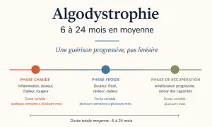 Schéma des phases de l'algodystrophie : chaude, froide, récupération. Le temps de guérison algodystrophie est en moyenne de 6 à 24 mois.