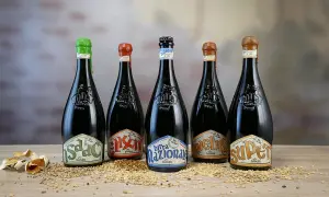 Cinque bottiglie di birra Baladin, tra le migliori birre artigianali italiane, disposte su un letto di cereali.