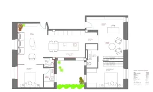 Plano de reforma con ideas para unir dos casas: salón, cocina-comedor, dormitorios, baños, vestidor y despacho.