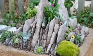 Kleine Felsenlandschaft mit Sukkulenten und Moos. Tolle Steingarten Ideen für ein Miniatur-Gebirge.