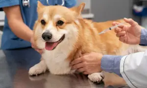Weterynarz podaje corgi zastrzyk. Szczepienie psa na wściekliznę jest ważne, choć mogą wystąpić skutki uboczne.