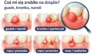 Ruchoma kulka w policzku? Ilustracja pokazuje różne zmiany na dziąśle: guzek, krostkę, ropień i ranę.