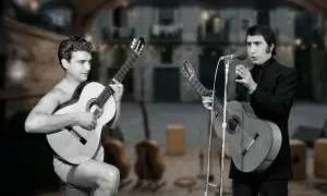 Dos guitarristas interpretan rumba catalana actual en un escenario al aire libre. Uno canta y toca la guitarra, el otro solo toca.