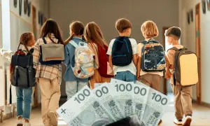 Dzieci z plecakami idą korytarzem, a przed nimi leżą banknoty 100 zł. Zastanawiamy się, ile szkoła dostaje za dziecko z orzeczeniem.