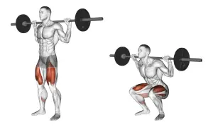 Homme effectuant un squat avec barre, montrant le squat muscle sollicité.