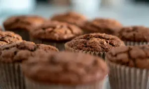 Chokladmuffins i pappersformar. Undrar du hur länge håller bakpulver? Dessa muffins ser färska ut!