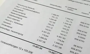 Eine Vorlage Nebenkostenabrechnung mit detaillierten Kostenaufschlüsselungen für Gebäudeversicherung, Grundsteuer, Heizung, Wasser und mehr.