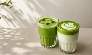 Dwa orzeźwiające napoje: jeden z kostkami lodu, drugi z pianką i wzorem. Idealne na lato, wypróbuj iced matcha latte przepis!
