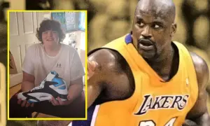 Chłopiec trzyma buta, który może być w jego rozmiarze, podczas gdy po prawej widać Shaquille O'Neal w koszulce Lakers.
