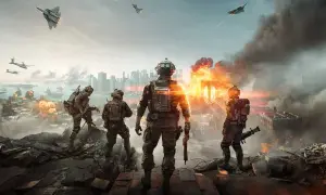 Żołnierze na tle płonącego miasta, samoloty bojowe i helikoptery w powietrzu. Scena z gry Battlefield 6.