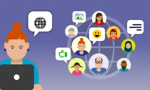Eine Frau mit Laptop verbindet sich mit Menschen weltweit. Die Grafik erklärt die soziale netzwerke definition durch Icons wie Daumen hoch, Bilder und Smileys.
