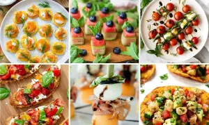 Kolorowe przekąski na grilla: mini tartinki z łososiem, szaszłyki z arbuzem i borówkami, caprese na patyczkach, bruschetty z pomidorami i mozzarellą, melon z prosciutto i mozzarellą, mini quesadillas.