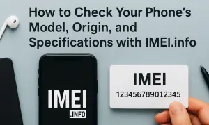 Sprawdź model telefonu, pochodzenie i specyfikacje za pomocą IMEI.info. Na zdjęciu widać smartfon, słuchawki i kartę z numerem IMEI.