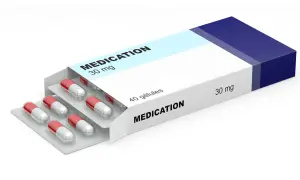 Förpackning med kapslar, 30 mg. Medicin för schizofreni.