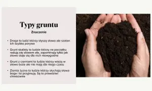 Przypowieść o siewcy streszczenie: różne typy gruntu symbolizują ludzi, którzy różnie przyjmują słowo Boże. Dłonie trzymają żyzną ziemię, symbol dobrych chrześcijan.