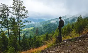 Mężczyzna z plecakiem podziwia widok na górzysty, zalesiony krajobraz podczas **hiking a trekking**. Mgła spowija szczyty.