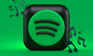 Ikona Spotify otoczona nutami muzycznymi na zielonym tle.