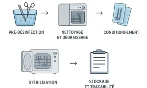 Schéma des étapes de stérilisation : pré-désinfection, nettoyage, conditionnement, stérilisation (pas dans l'eau bouillante), stockage.